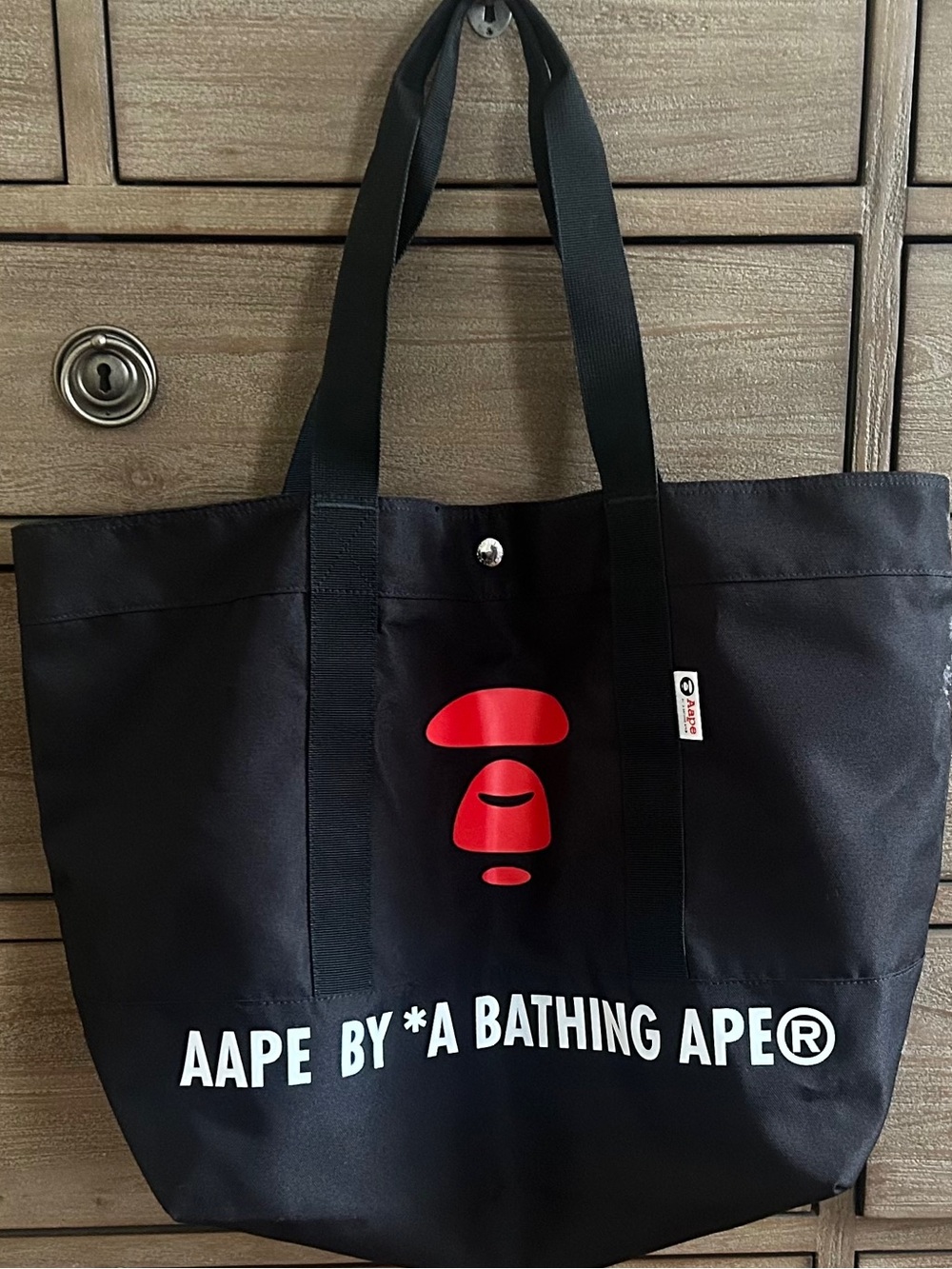 AAPE A Bathing Ape Large Black Tote Bag with Iconic Red Ape Logo